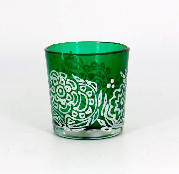 White floral Tea Light Glass Candle Holder- 2 x 2.5 Inches - Ankansala