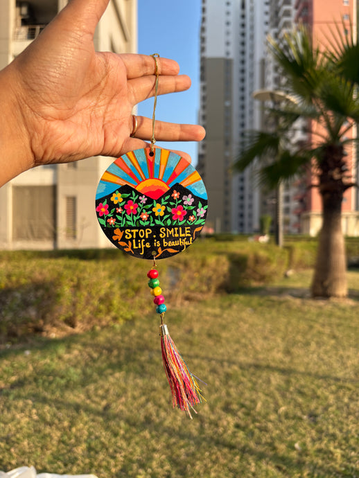 Stop & Smile – Hand-Painted Wooden Car Hanging | Motivational Wall & Tote Bag Charm - Ankansala