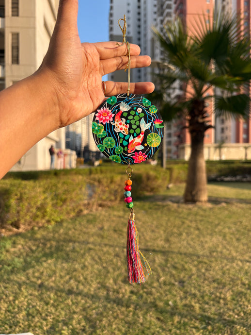 Koi Fish Pond Hand-Painted Wooden Hanging | Feng Shui Car Mirror Charm | Peaceful Wall & Bag Decor - Ankansala
