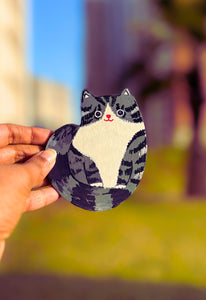 Hand holding a cat-shaped magnet with a blurred outdoor background