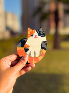 Hand holding a cat-shaped magnet with a blurred outdoor background