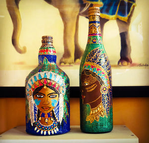Tribal Lady with Green Feathers Hand Painted Decorative Bottle Vase - Ankansala