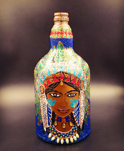 Tribal Lady with Green Feathers Hand Painted Decorative Bottle Vase - Ankansala