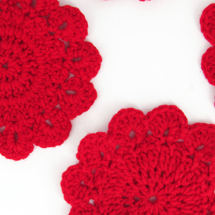 Red Flower Shaped Crochet Coasters Set of - 4 - Ankansala